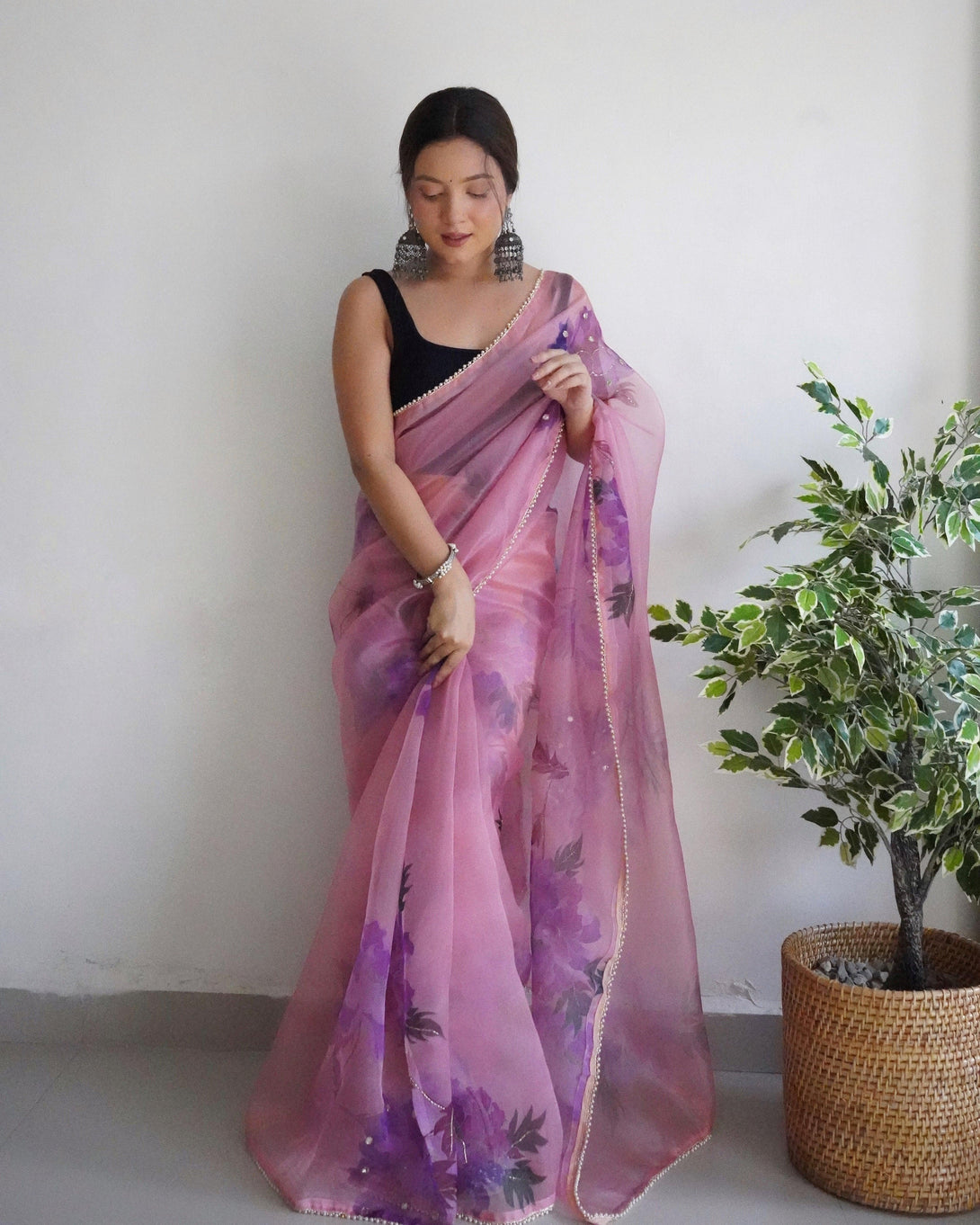 Beautiful Floral Printed Party Wear Organza Saree In Pink - Indiakreations