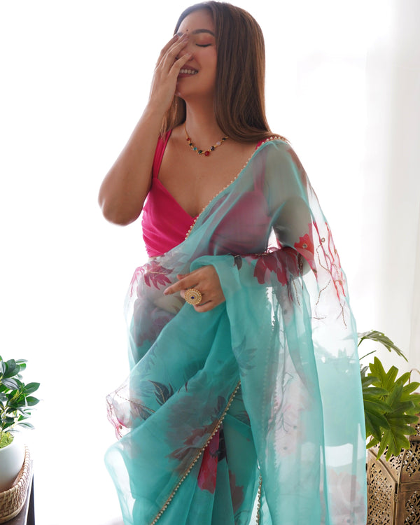Stylish Digital Printed Organza Saree With Floral Print In Sky Blue - Indiakreations