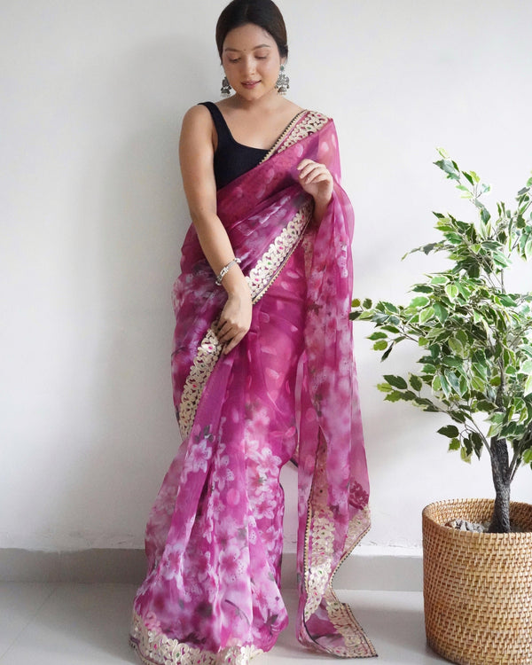 Latest Trendy Floral Printed Organza Saree In Pink - Indiakreations