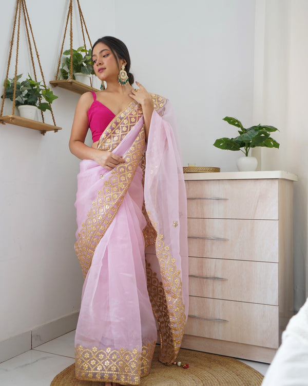 Stylish Organza Saree With Floral Print In Light Pink - Indiakreations