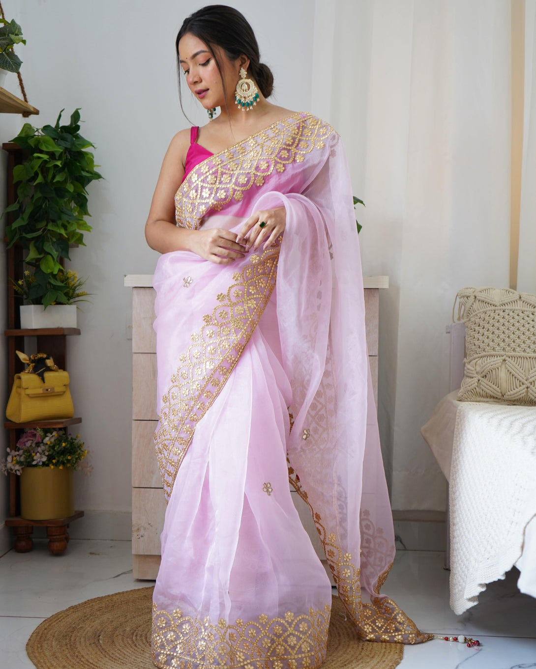 Stylish Organza Saree With Floral Print In Light Pink - Indiakreations