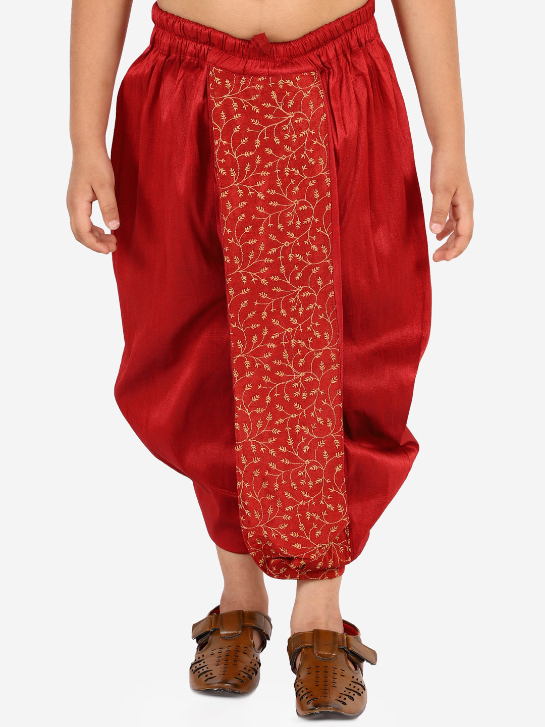 Boy's Maroon Traditional Embroidered Dhoti - Vastramay Boys