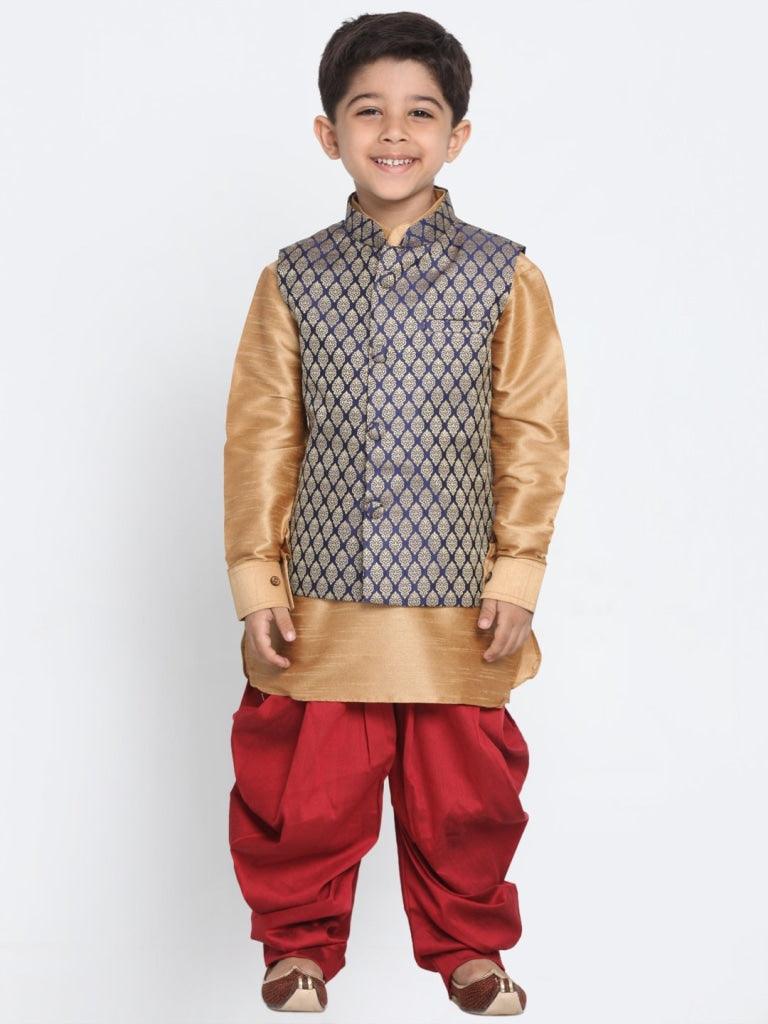 Baap Beta Gold Ethnic Jacket Kurta And Dhoti Pant Set - Vastramay - Indiakreations