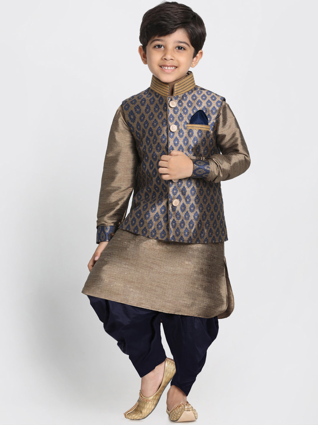 Boy's Navy Blue And Gold Silk Blend Jacket, Kurta And Dhoti Set - JBN Creation