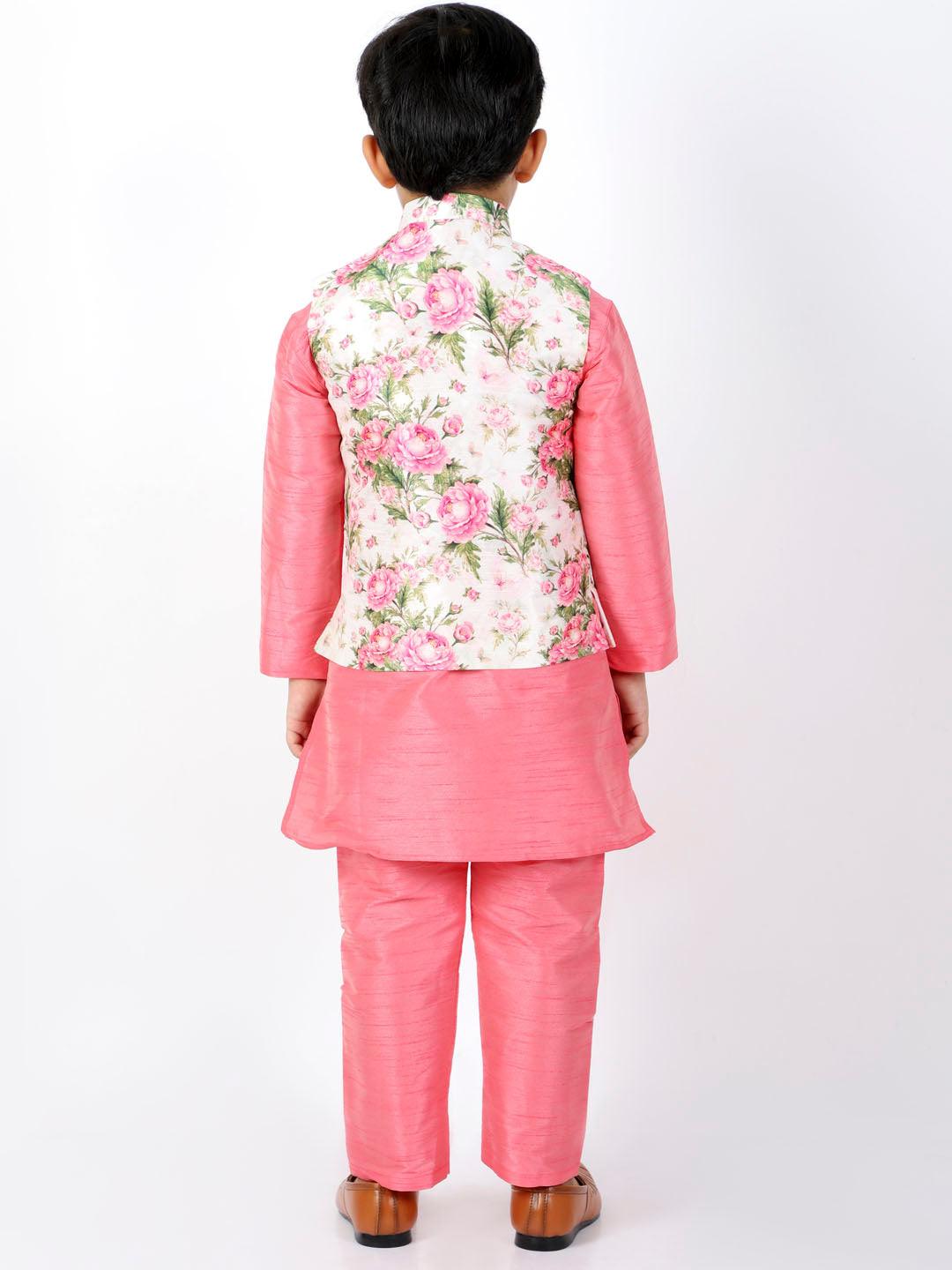 Boy's Floral Printed  Jacket, Kurta and Pyjama Set & Girl's Printed Silk Blend Ruffled Crop Top And Skirt Set - Vastramay - Indiakreations