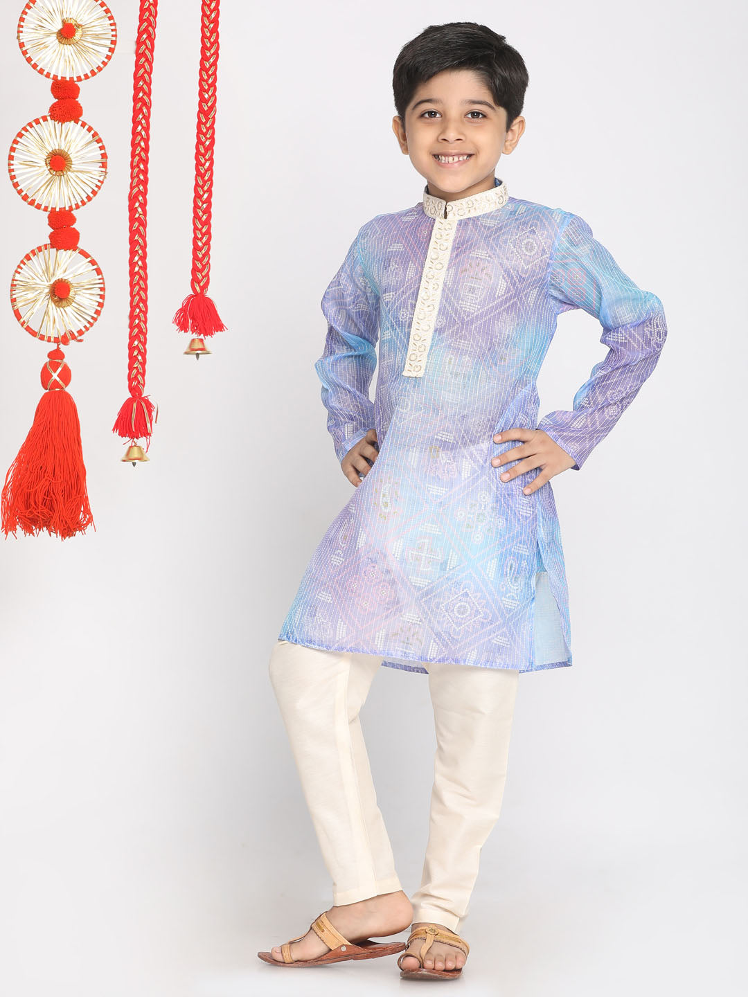 Boy's Blue And Cream Kurta Pyjama Set - Vastramay Boys