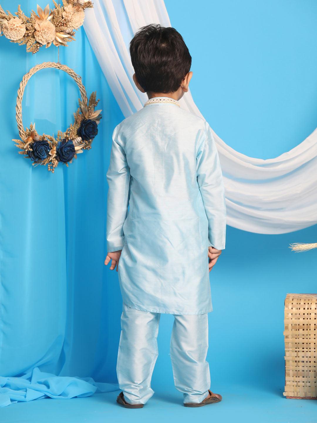Boy's Aqua Kurta And Pyjama & Girl's Mirror Work Viscose Kurta And Pant Set - Vastramay - Indiakreations