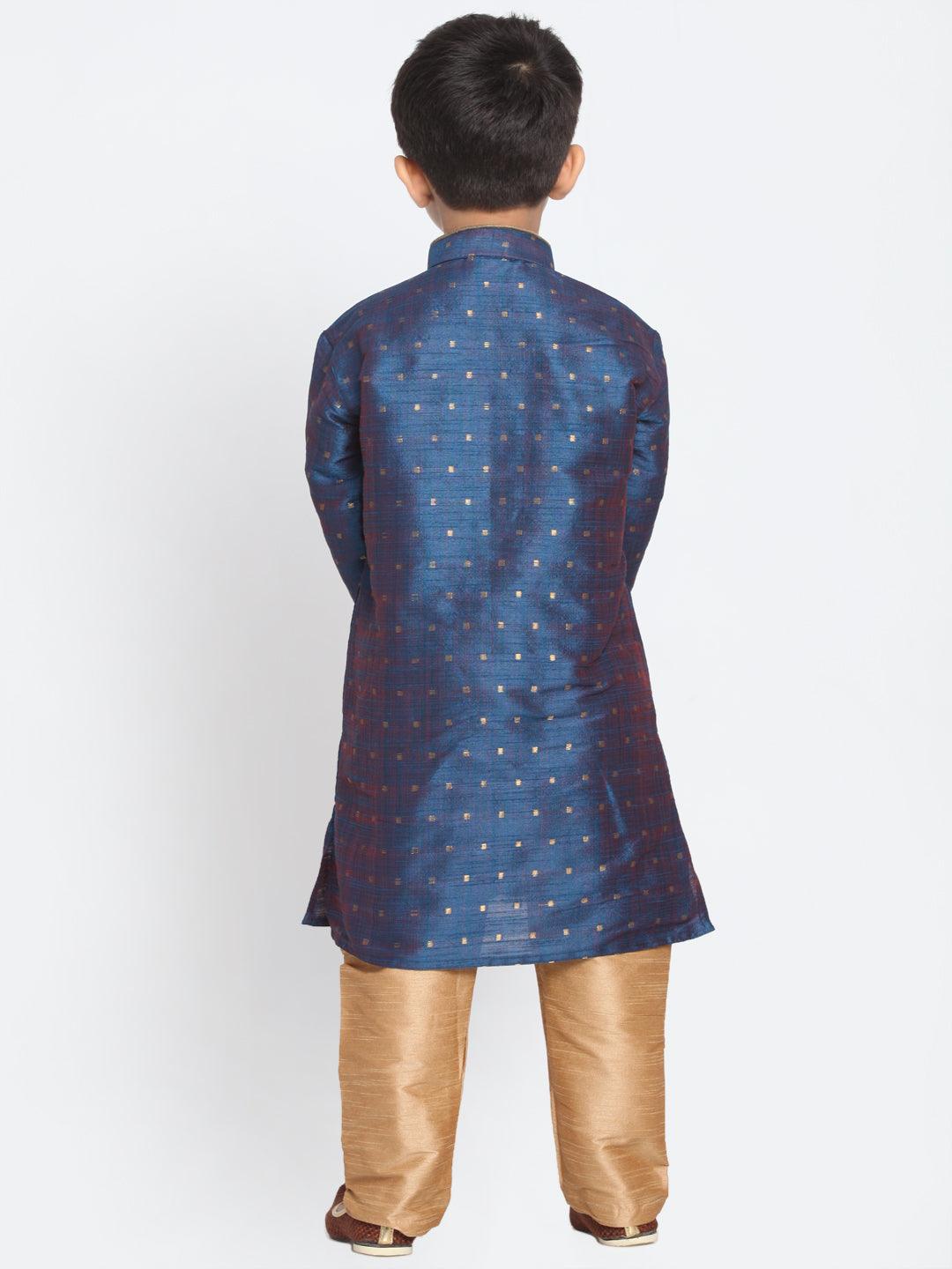 Boy's Persian Blue and Rose Gold Silk Blend Kurta Pyjama Set & Girl's Jacquard Kurta With Sharara Set - Vastramay - Indiakreations