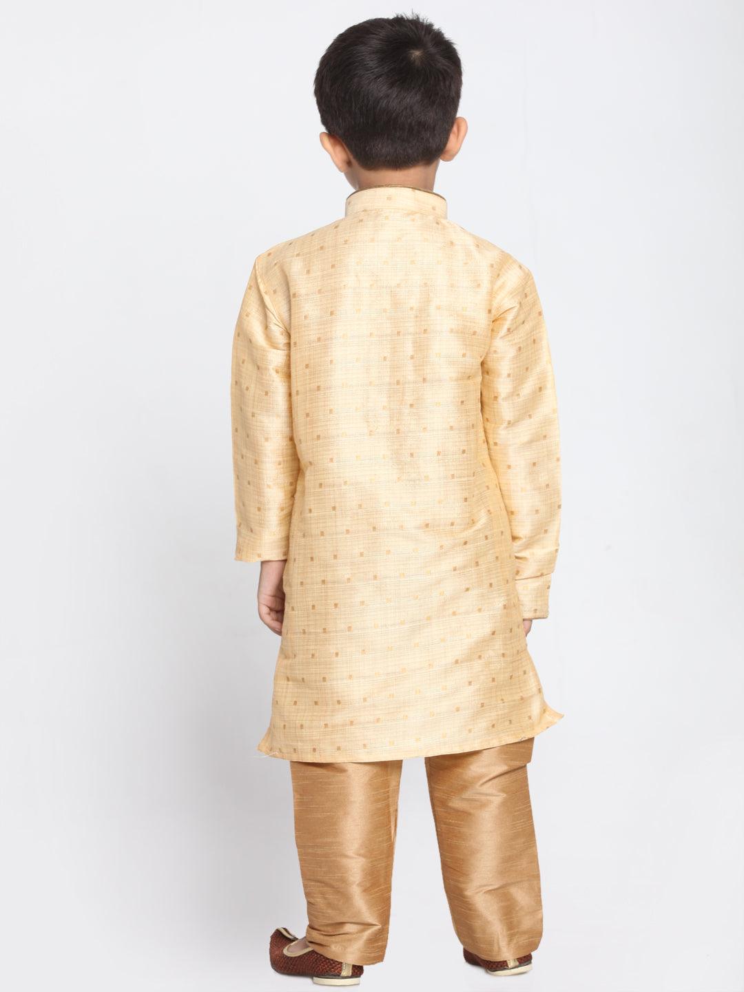 Boy's Gold Silk Blend Kurta Pyjama Set & Girl's Jacquard Kurta With Sharara Set - Vastramay - Indiakreations