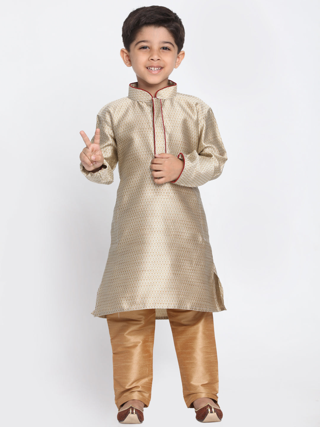 Boy's Beige And Rose Gold Silk Blend Kurta Pyjama Set - JBN Creation