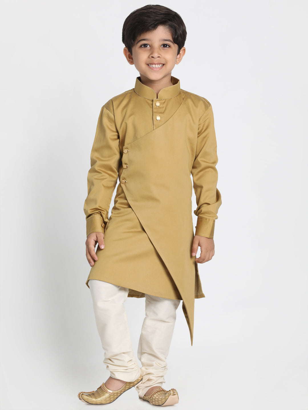 Boy's Chikoo And Cream Cotton Satin Blend Kurta Pyjama Set - JBN Creation