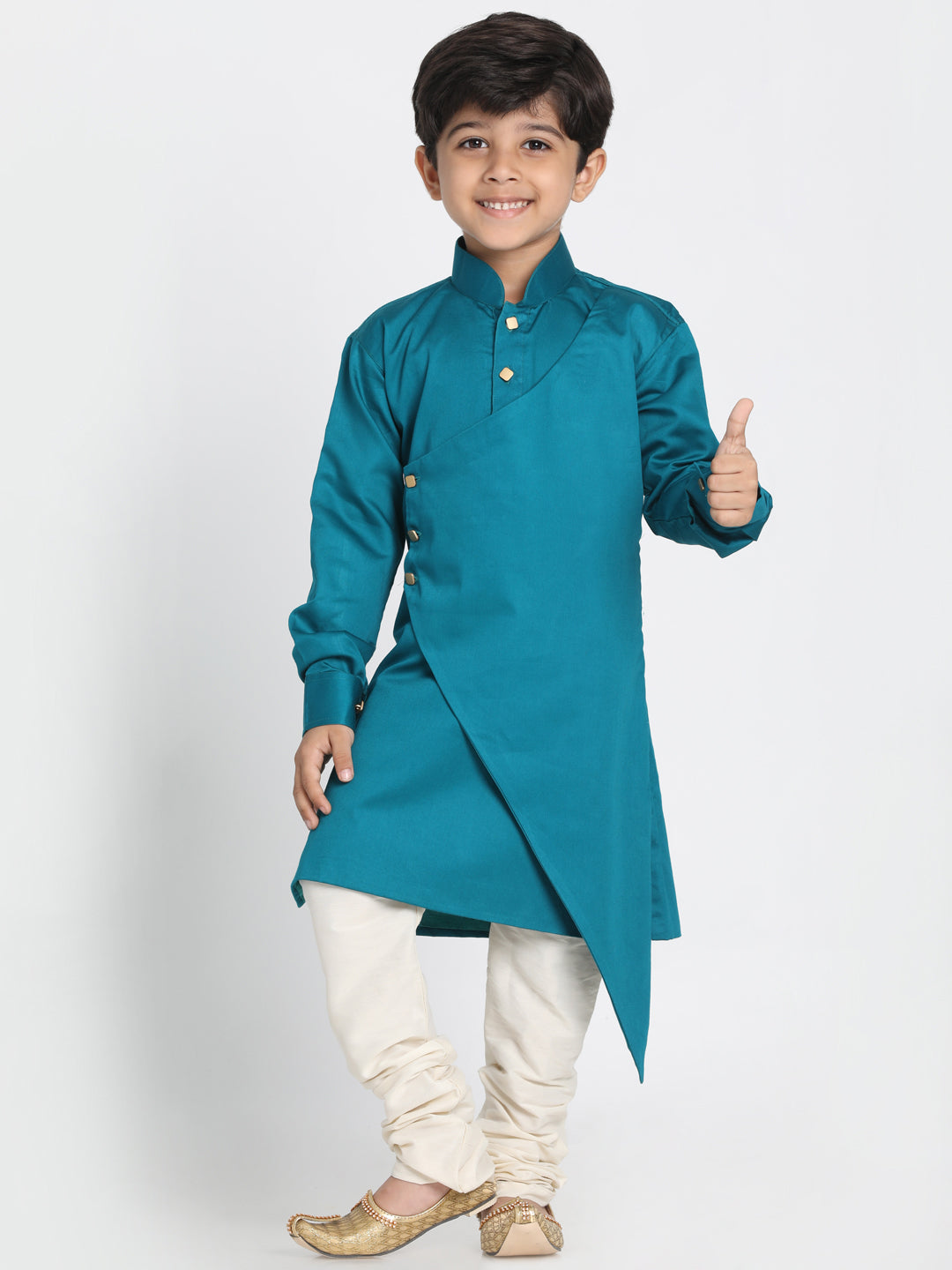 Boy's Rama And Cream Cotton Satin Blend Kurta Pyjama Set - JBN Creation