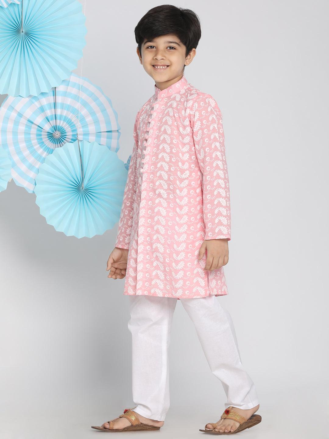 Boy's Pink And White Kurta Pyjama Set & Girl's Chikankari Cotton Kurta And Leggings Set - Vastramay - Indiakreations