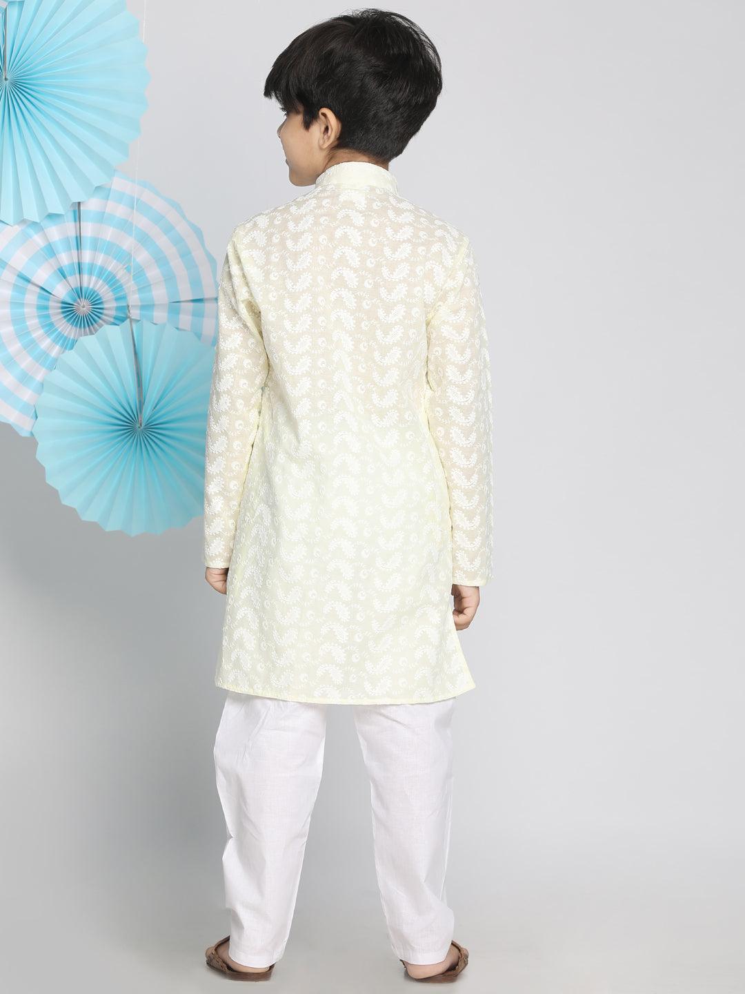 Boy's Yellow And White Kurta Pyjama Set & Girl's Chikankari Cotton Kurta And Leggings Set - Vastramay - Indiakreations