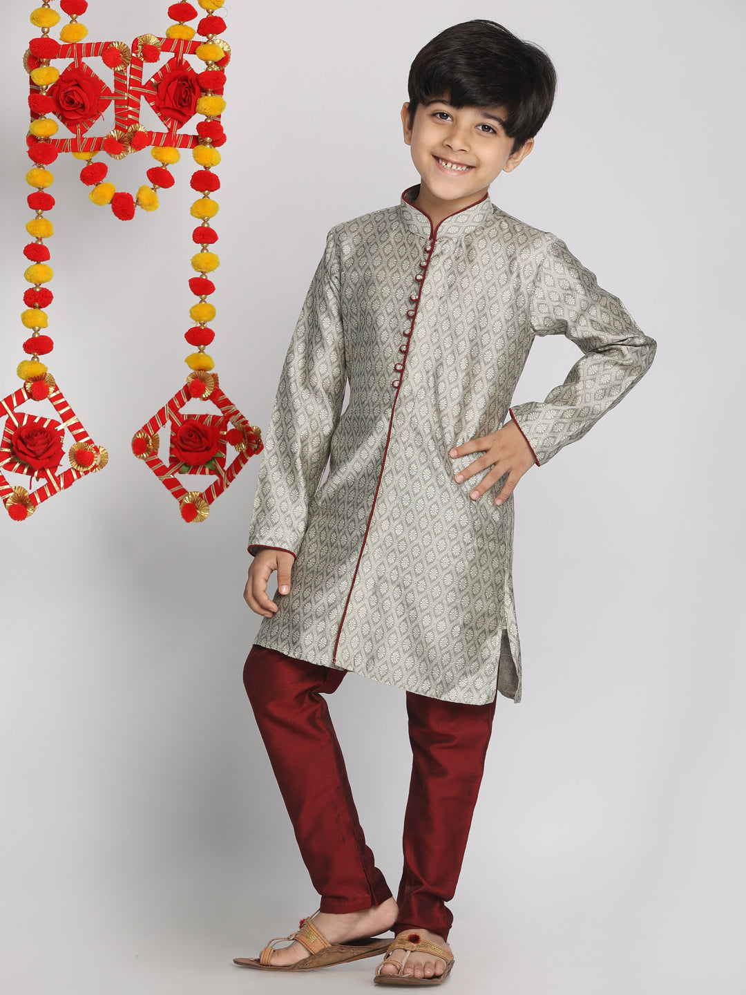 Boy's Beige,Grey And Maroon Kurta Pyjama Set - Vastramay Boys