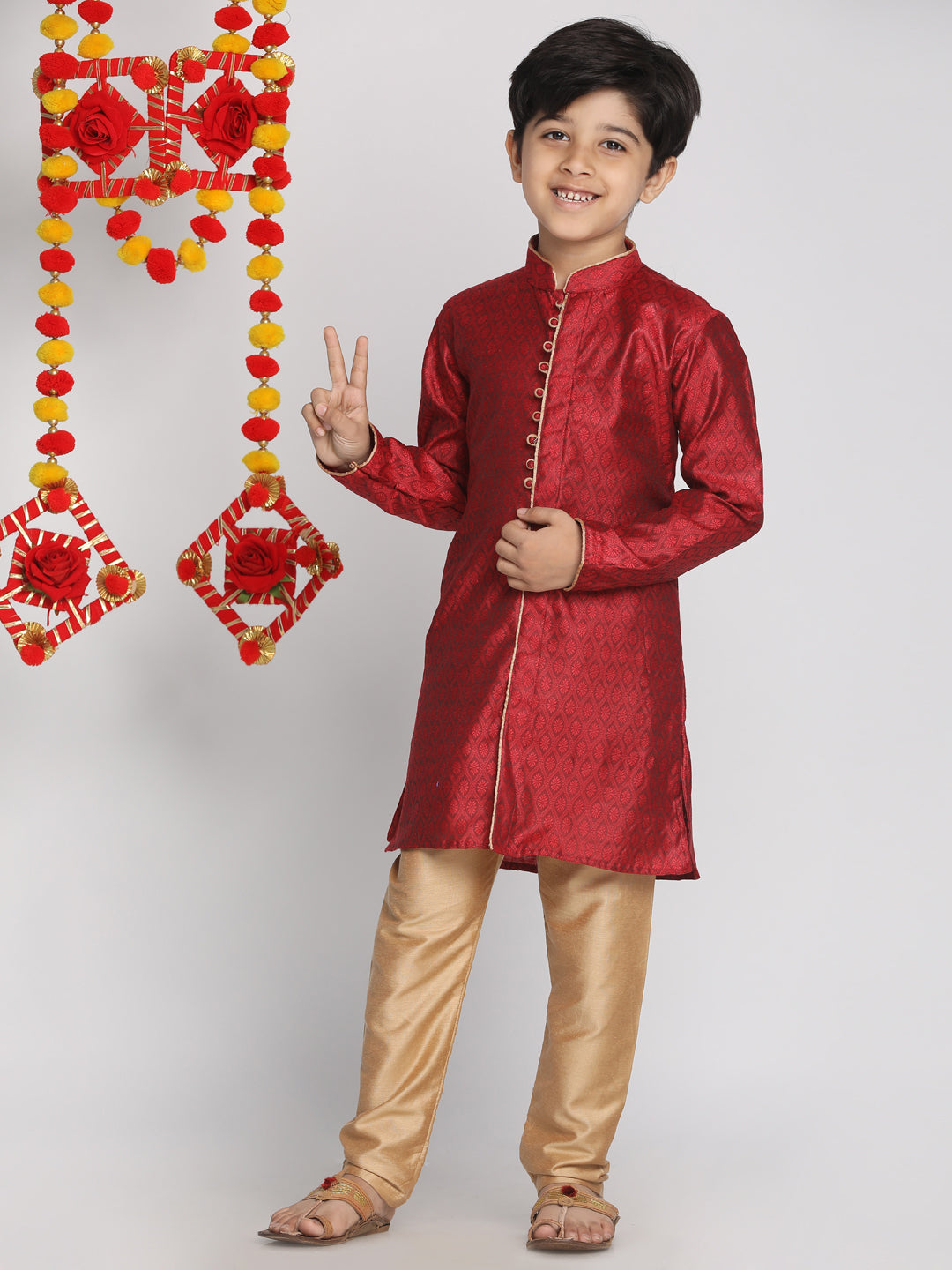 Boy's Maroon And Rose Gold Kurta Pyjama Set - Vastramay Boys