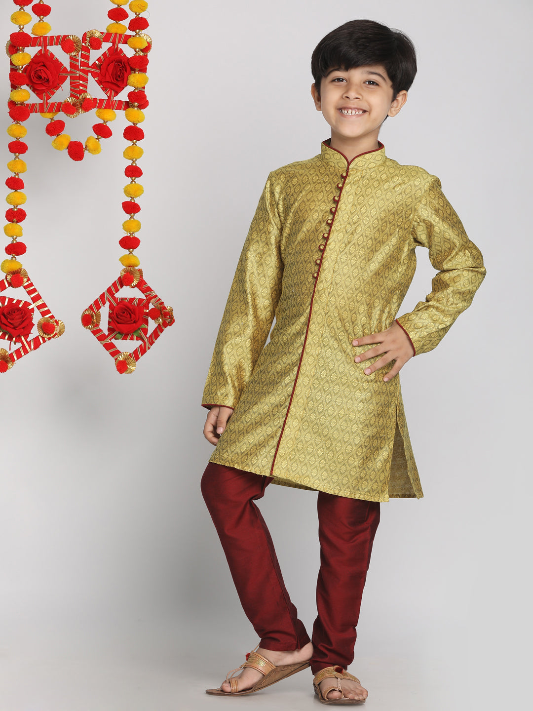 Boy's Mustard Yellow And Maroon Kurta Pyjama Set - Vastramay Boys