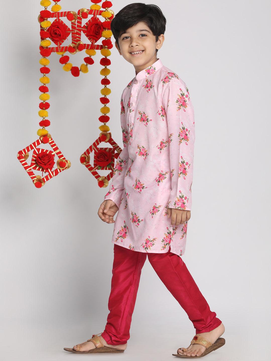 Boy's Multicolor-Base-Pink Kurta Pyjama Set & Girl's Printed Linen Crop Top And Ruffle Skirt Set - Vastramay - Indiakreations