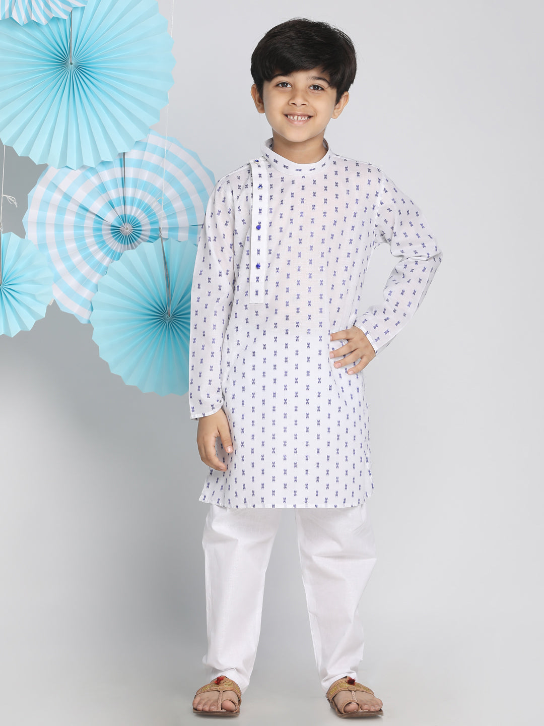 Boy's White And Blue Kurta Pyjama Set - Vastramay Boys