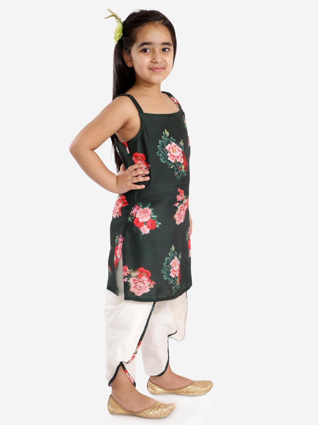 Boy's Multicolor-Base-Green Cotton Blend Kurta and Dhoti Set & Girl's Floral Printed Cotton Silk Kurta And Tulip Pants - Vastramay - Indiakreations