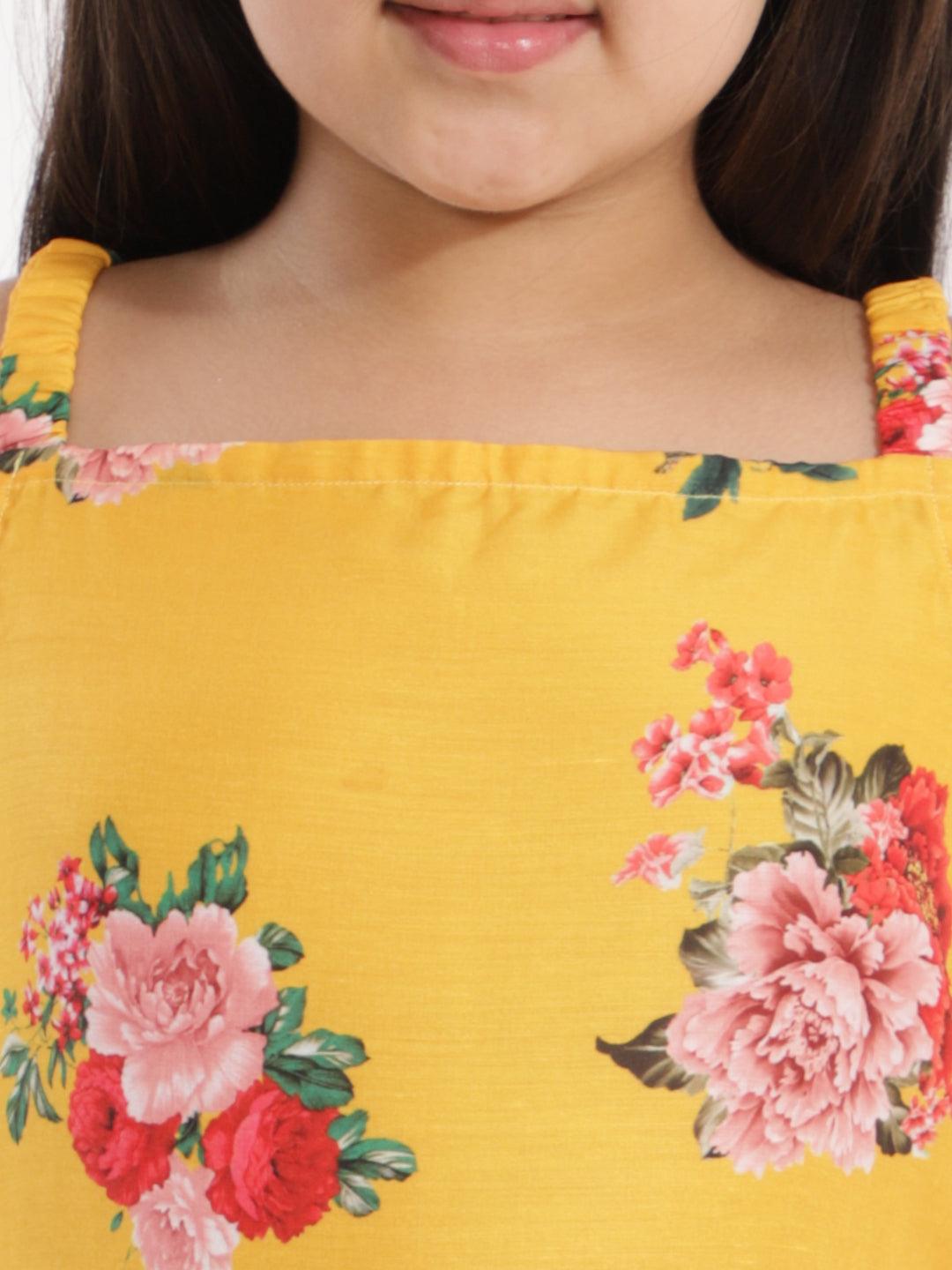 Boy's Multicolor-Base-Yellow Cotton Blend Kurta and Dhoti Set & Girl's Floral Printed Cotton Silk Kurta And Tulip Pants - Vastramay - Indiakreations