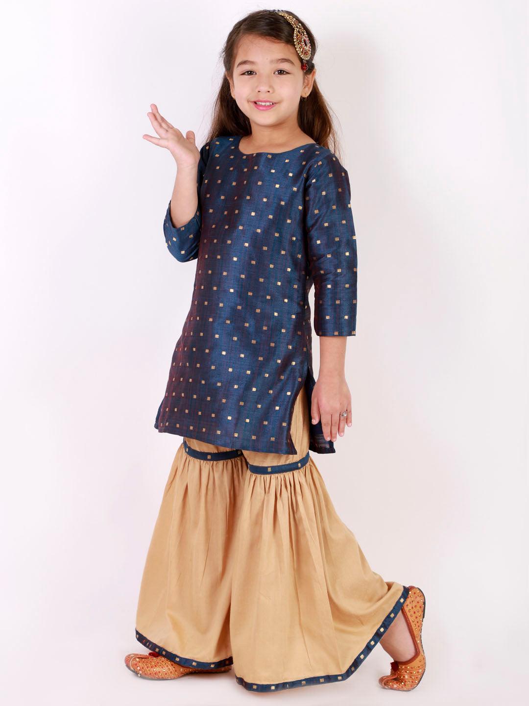 Boy's Persian Blue and Rose Gold Silk Blend Kurta and Dhoti Set & Girl's Jacquard Kurta With Sharara Set - Vastramay - Indiakreations