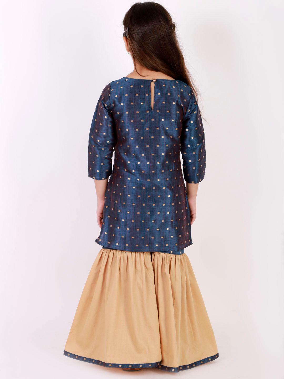 Boy's Persian Blue and Rose Gold Silk Blend Kurta Pyjama Set & Girl's Jacquard Kurta With Sharara Set - Vastramay - Indiakreations