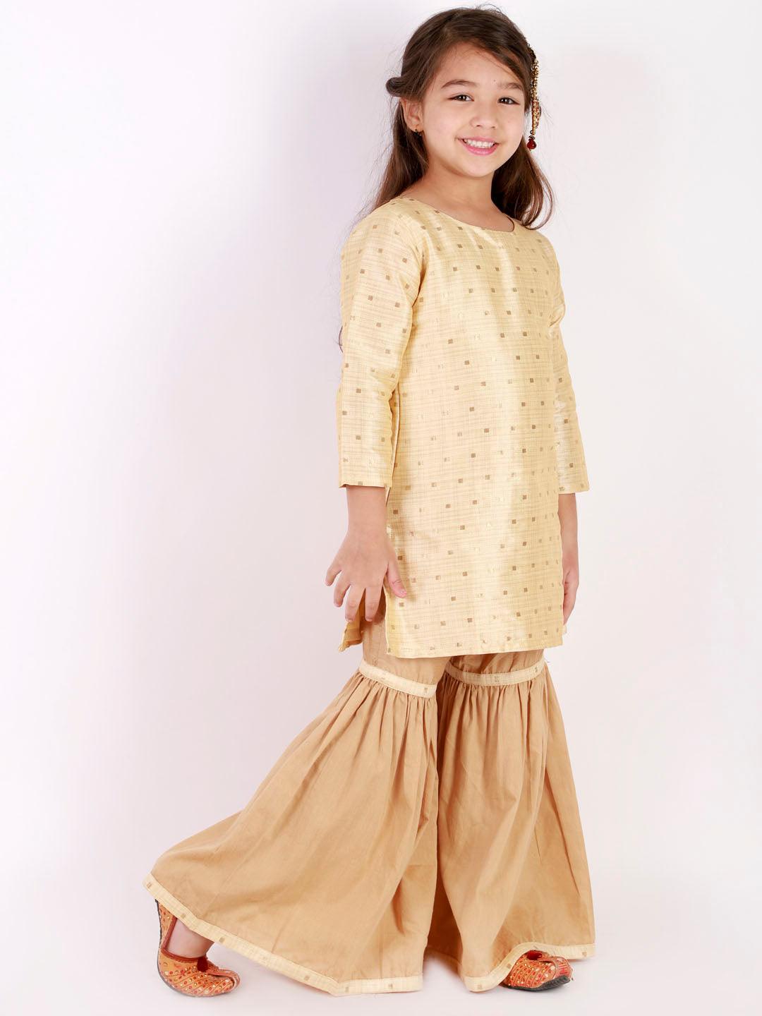Boy's Rose Gold Silk Blend Jacket, Kurta and Pyjama Set & Girl's Jacquard Kurta With Sharara Set - Vastramay - Indiakreations