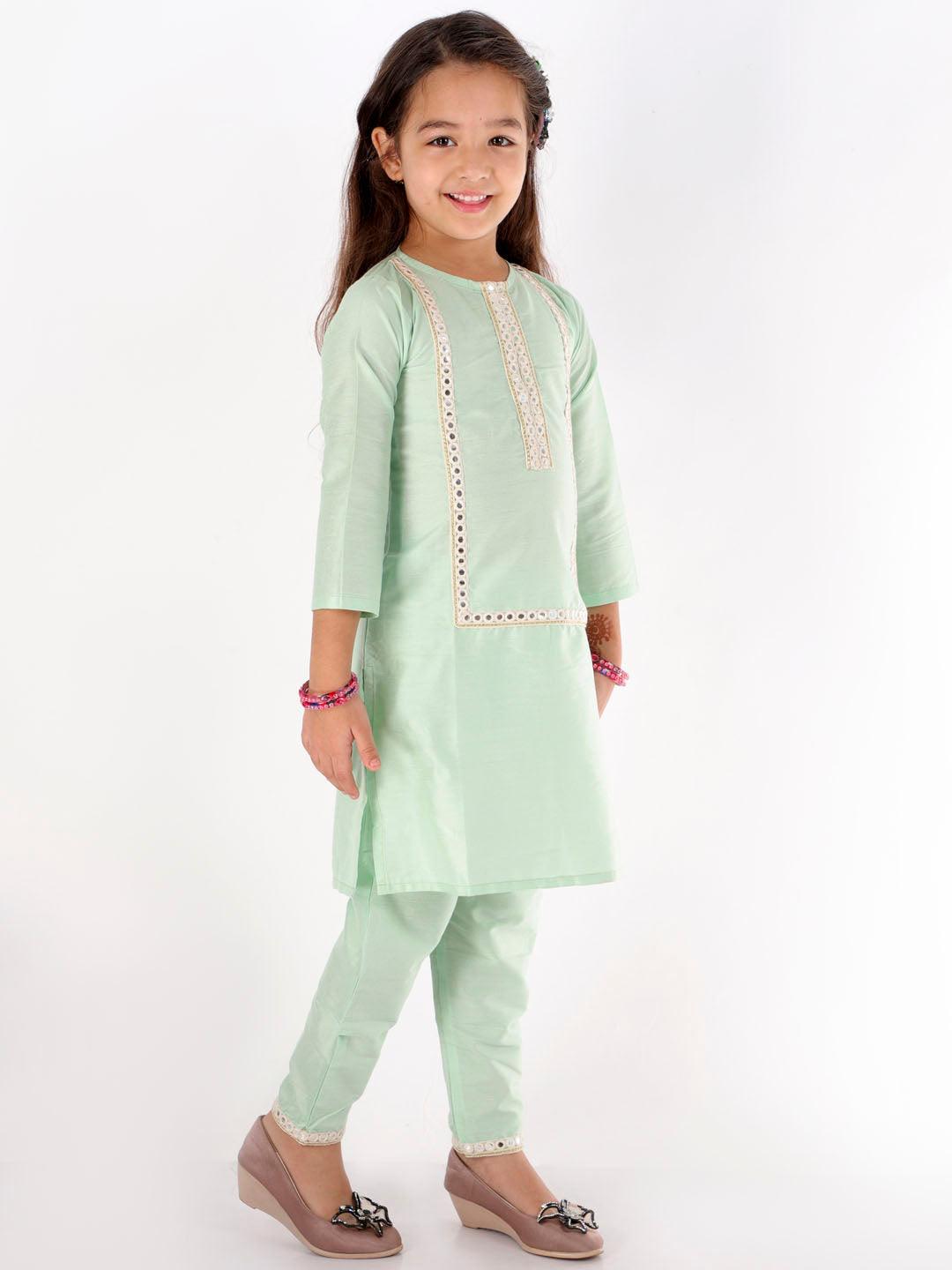 Boy's Mint Green Kurta And Pyjama & Girl's Mirror Work Viscose Kurta And Pant Set - Vastramay - Indiakreations