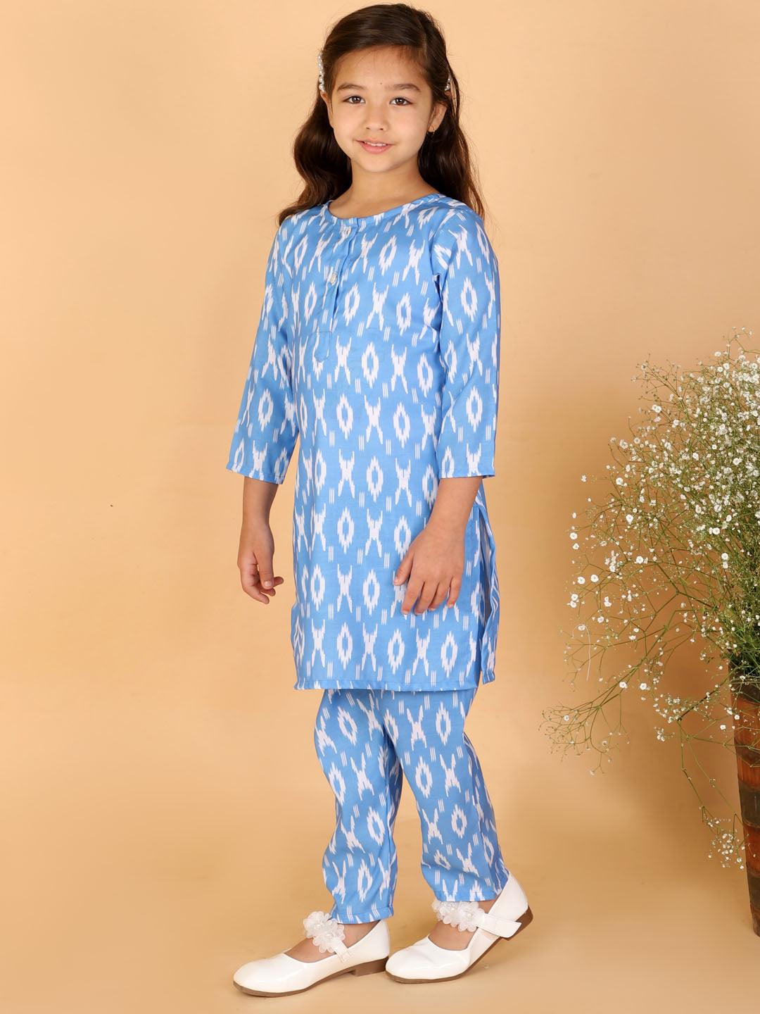 Boy's Aqua Blue And White Ikkat Kurta Pyjama Set & Girl's Aqua Blue Kurta And Pant Set - Vastramay - Indiakreations