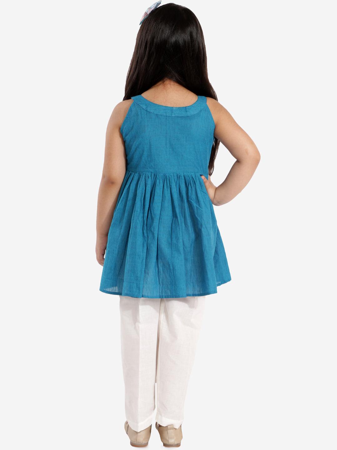 Boy's Azure and White Pure Cotton Kurta Pyjama Set & Girl's Handloom Cotton Kurta And Straight Pant Set - Vastramay - Indiakreations