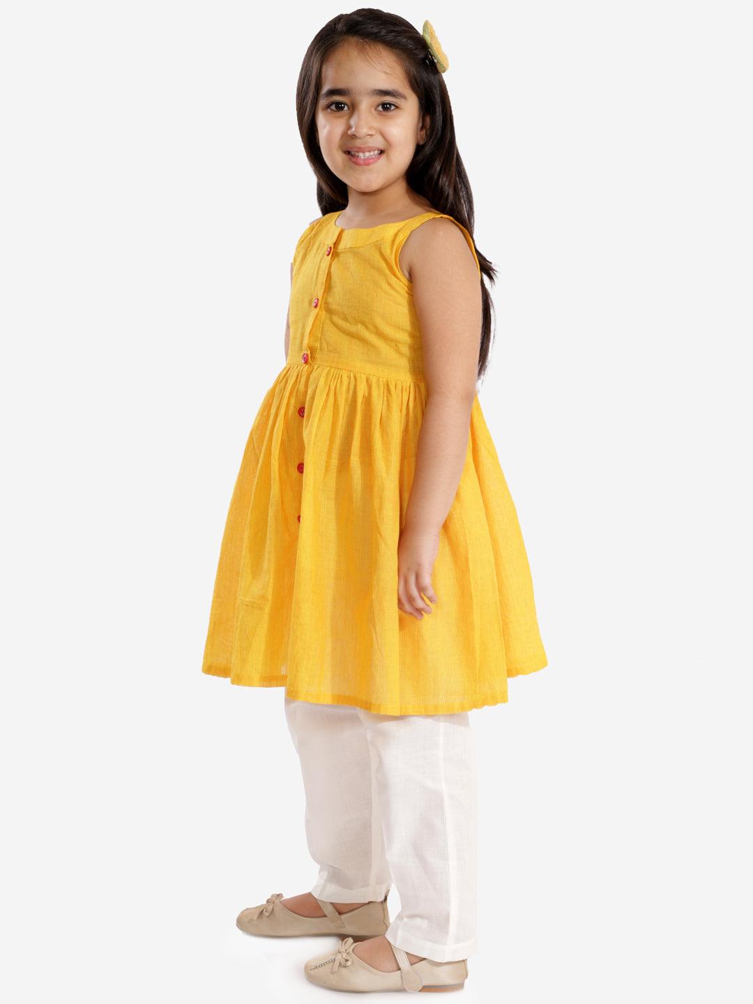 Boy's Yellow and White Pure Cotton Kurta Pyjama Set & Girl's Handloom Cotton Kurta And Straight Pant Set - Vastramay - Indiakreations