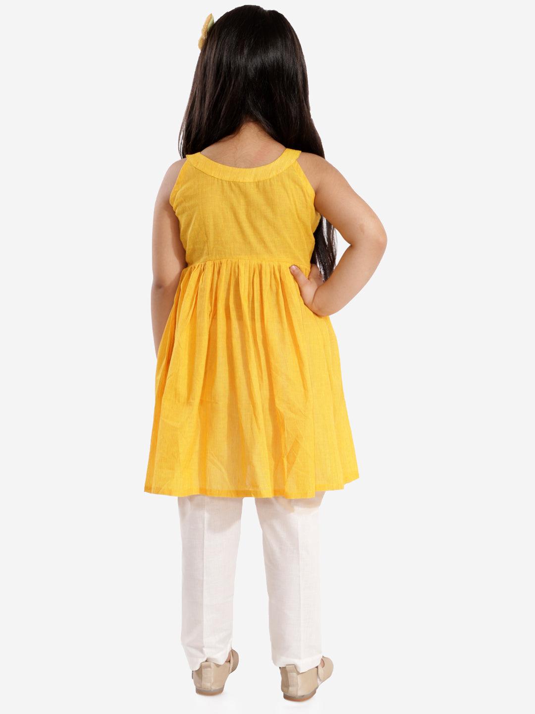 Boy's Yellow and White Pure Cotton Kurta Pyjama Set & Girl's Handloom Cotton Kurta And Straight Pant Set - Vastramay - Indiakreations
