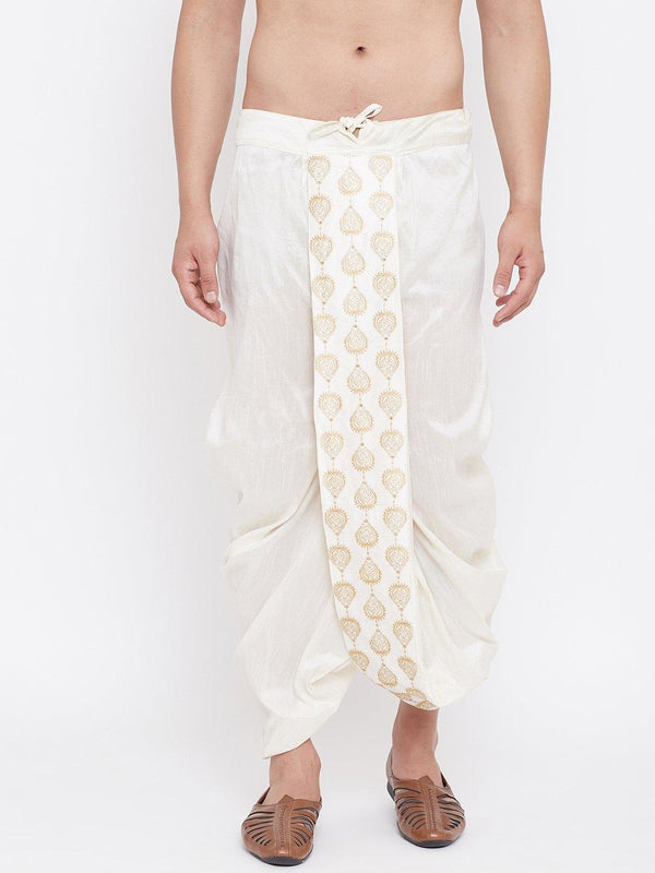 Men's Cream Silk Blend Embroidered Dhoti - Vastramay - Indiakreations