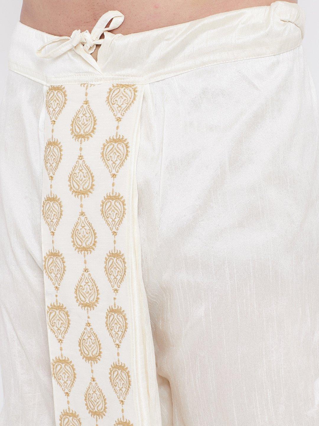 Men's Cream Silk Blend Embroidered Dhoti - Vastramay - Indiakreations