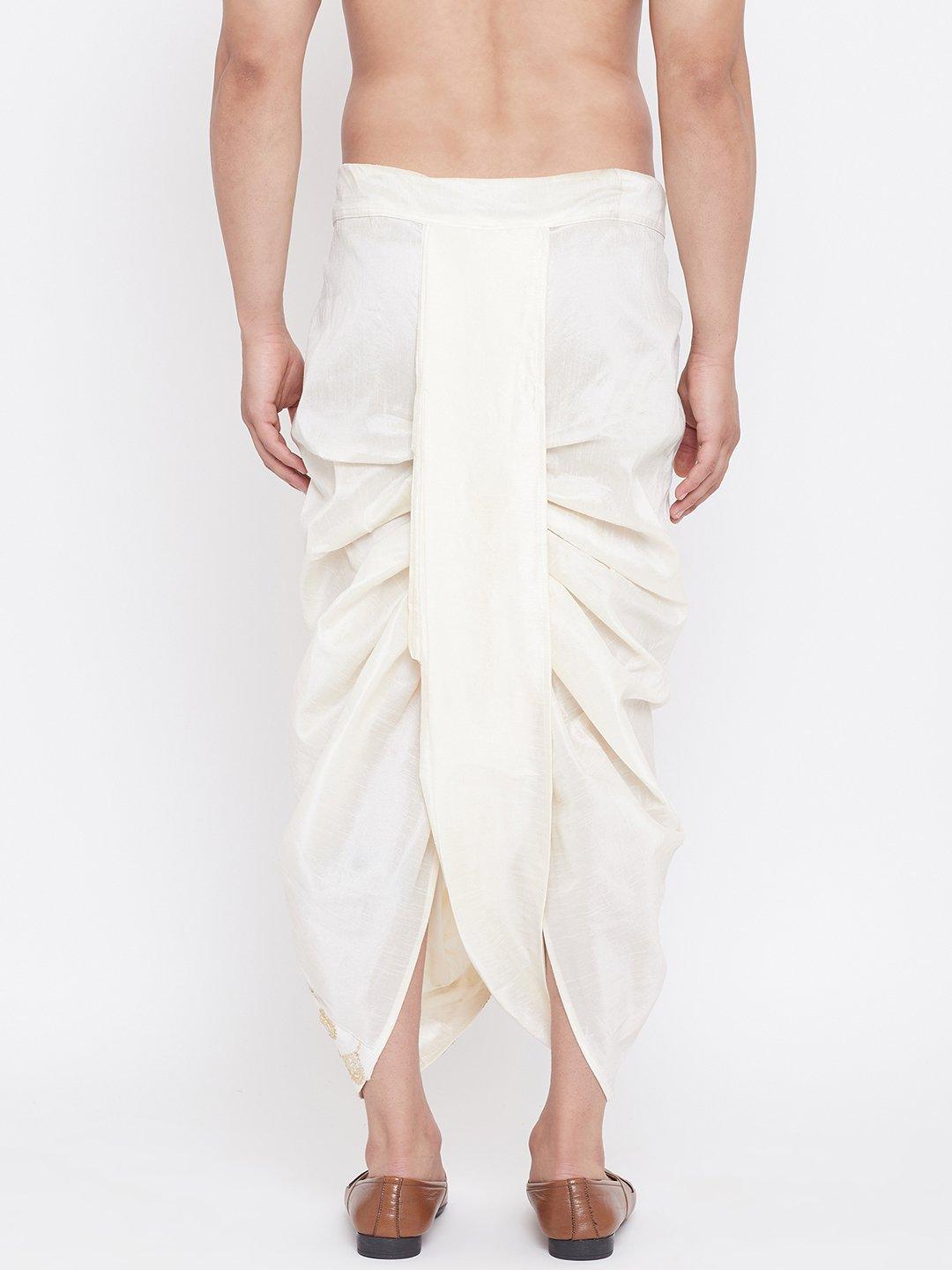 Men's Cream Silk Blend Embroidered Dhoti - Vastramay - Indiakreations