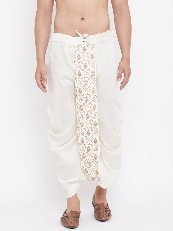 Men's Cream Silk Blend Embroidered Dhoti - Vastramay - Indiakreations