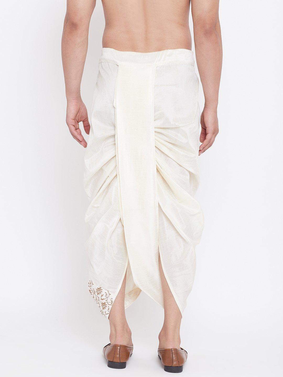 Men's Cream Silk Blend Embroidered Dhoti - Vastramay - Indiakreations