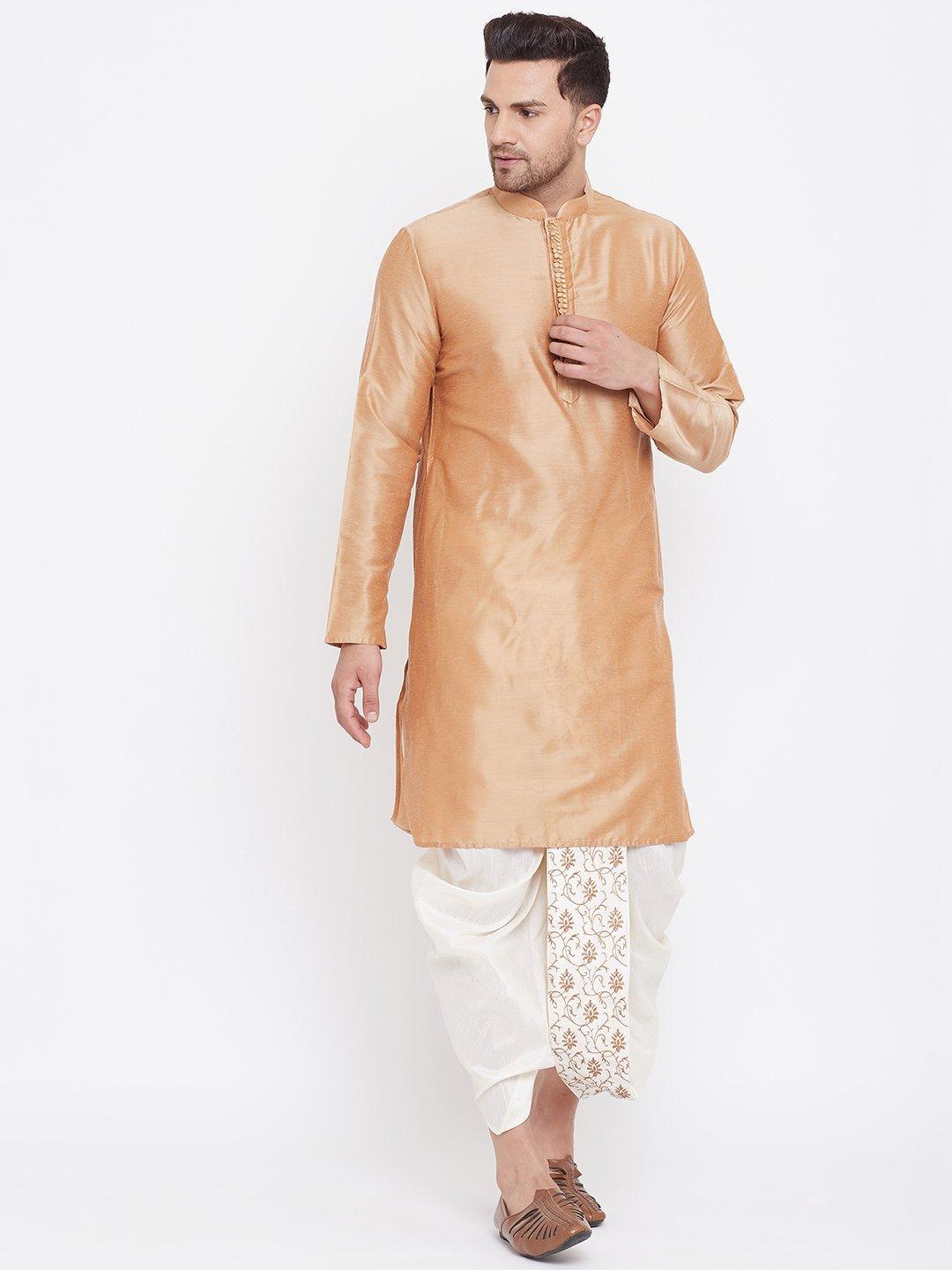 Men's Cream Silk Blend Embroidered Dhoti - Vastramay - Indiakreations