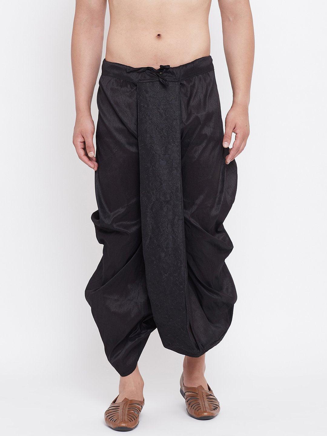 Men's Black Silk Blend Embroidered Dhoti - Vastramay - Indiakreations