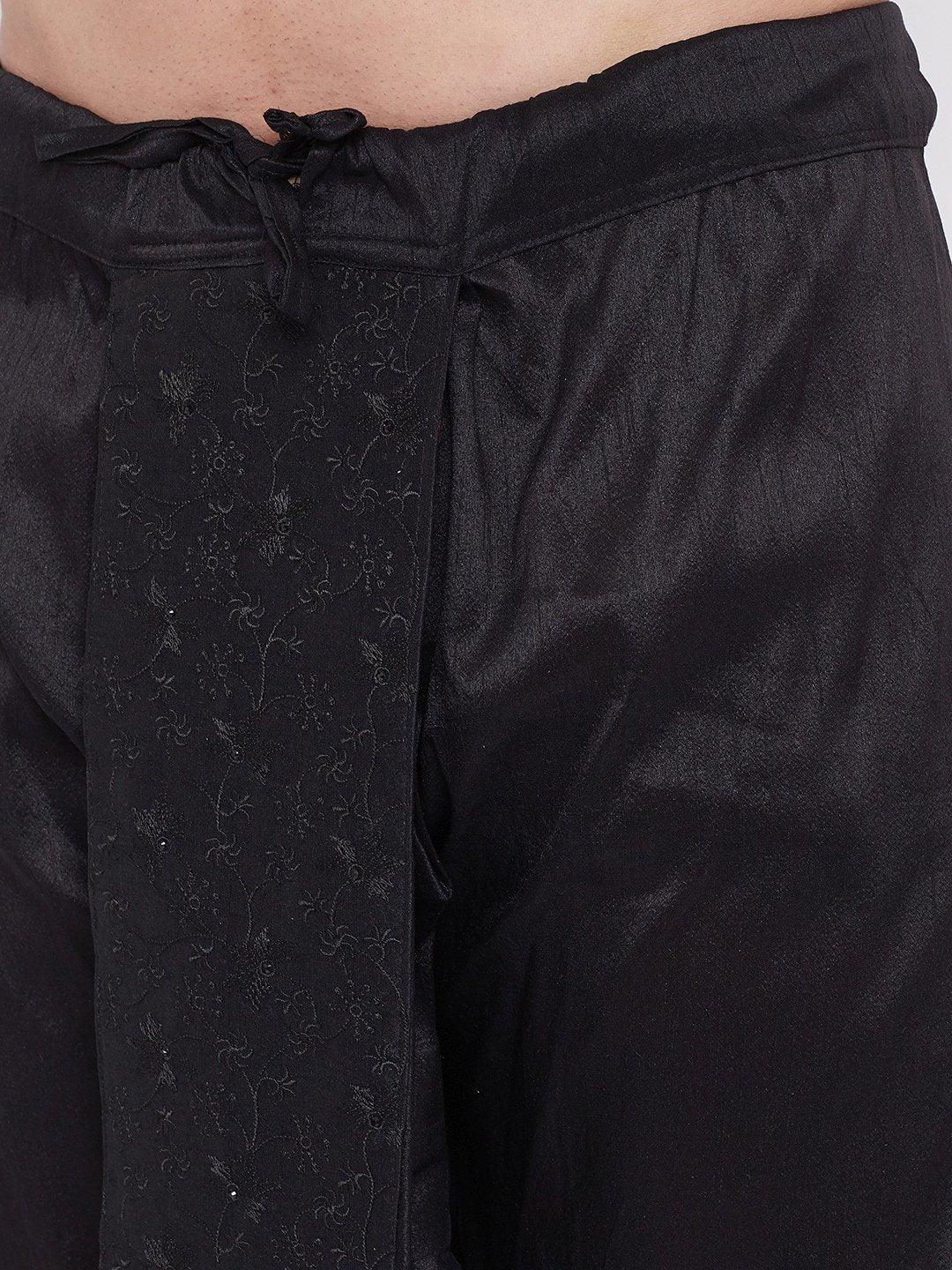 Men's Black Silk Blend Embroidered Dhoti - Vastramay - Indiakreations