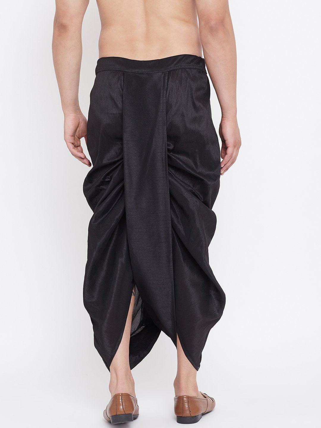 Men's Black Silk Blend Embroidered Dhoti - Vastramay - Indiakreations