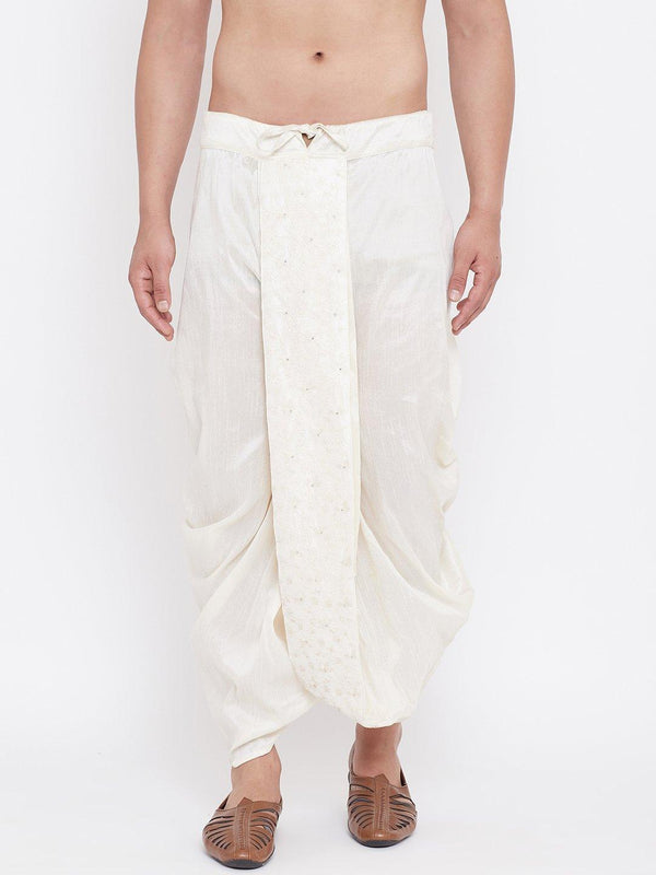 Men's Cream Silk Blend Embroidered Dhoti - Vastramay - Indiakreations