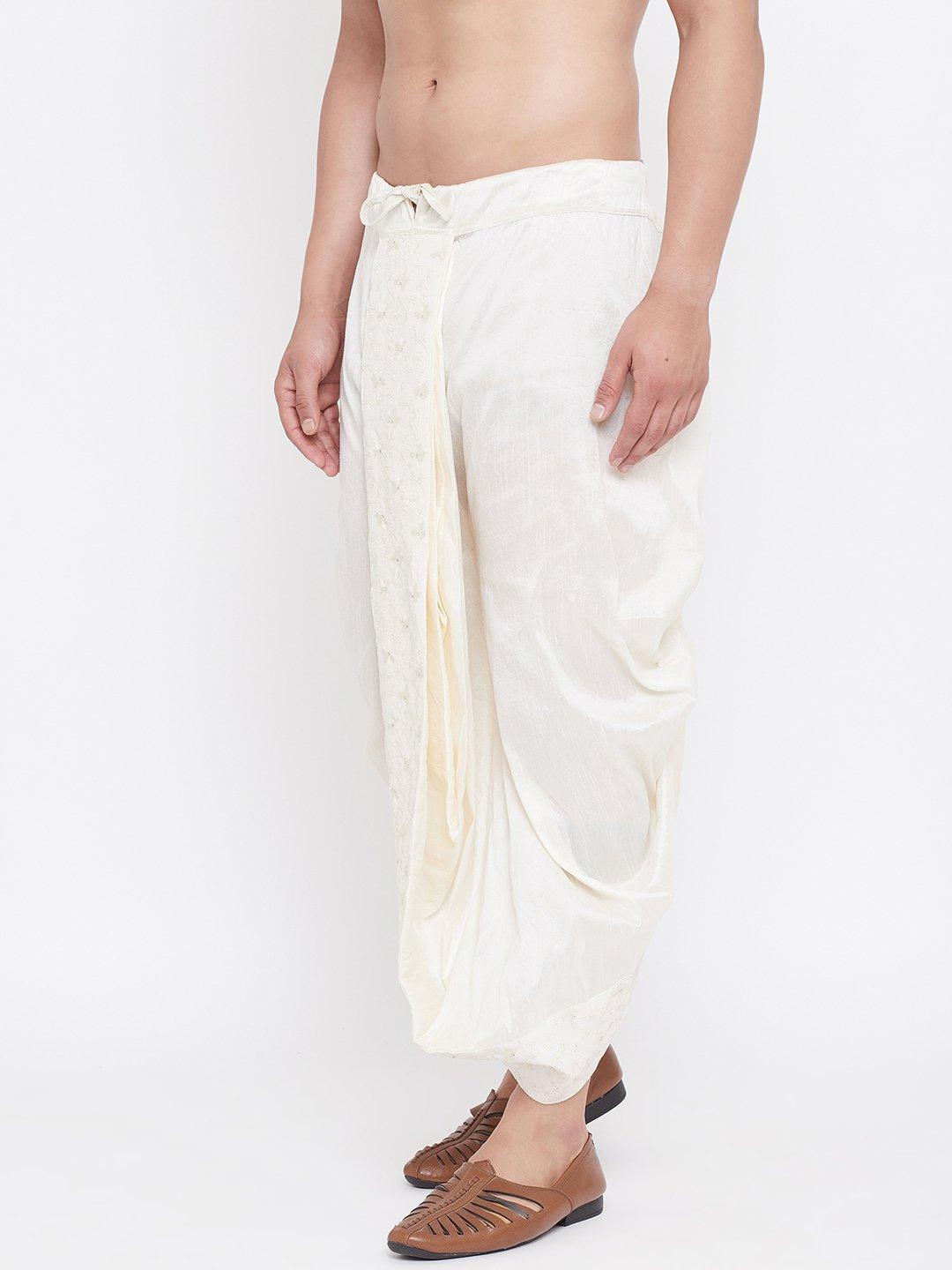 Men's Cream Silk Blend Embroidered Dhoti - Vastramay - Indiakreations