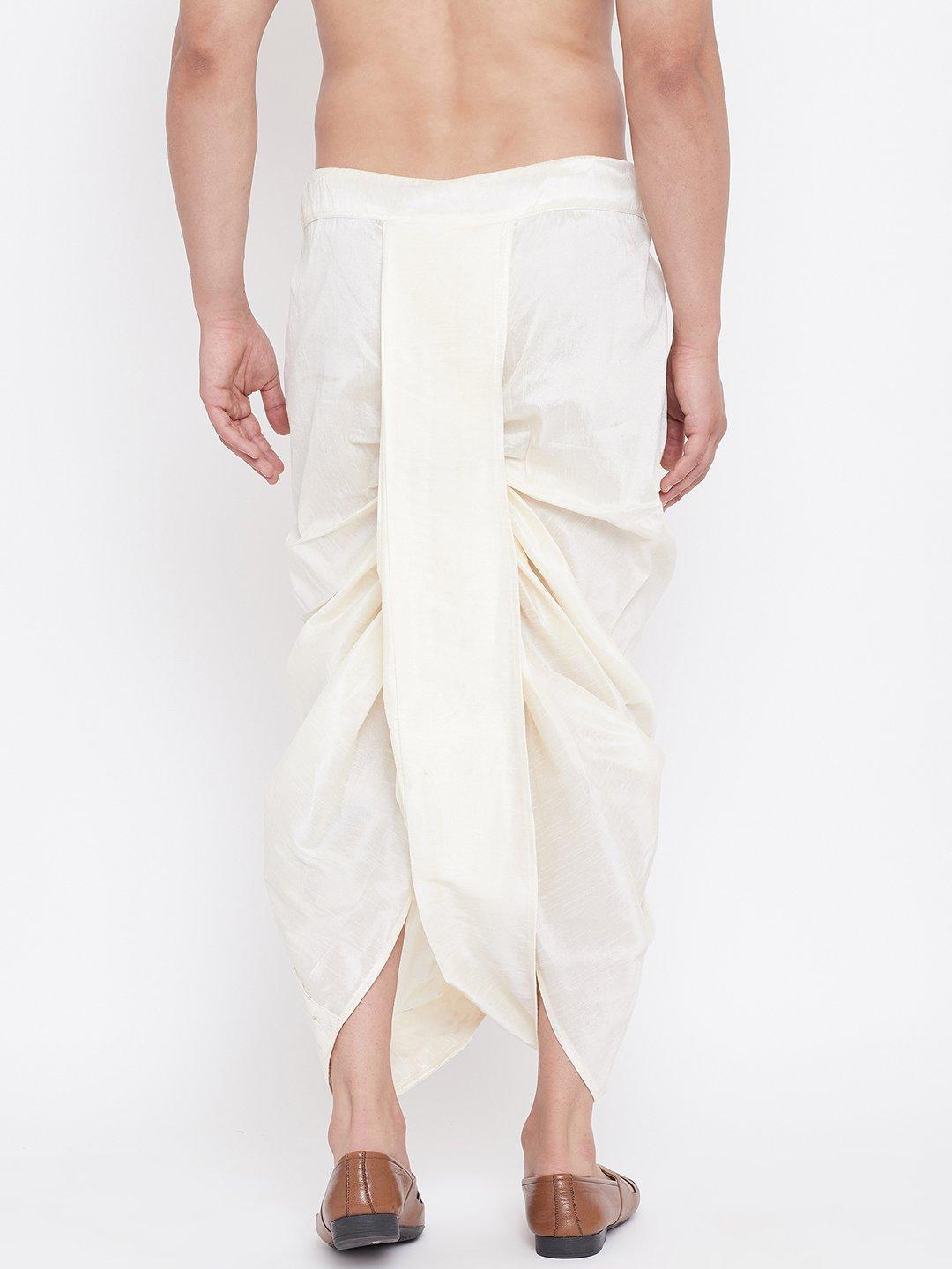 Men's Cream Silk Blend Embroidered Dhoti - Vastramay - Indiakreations