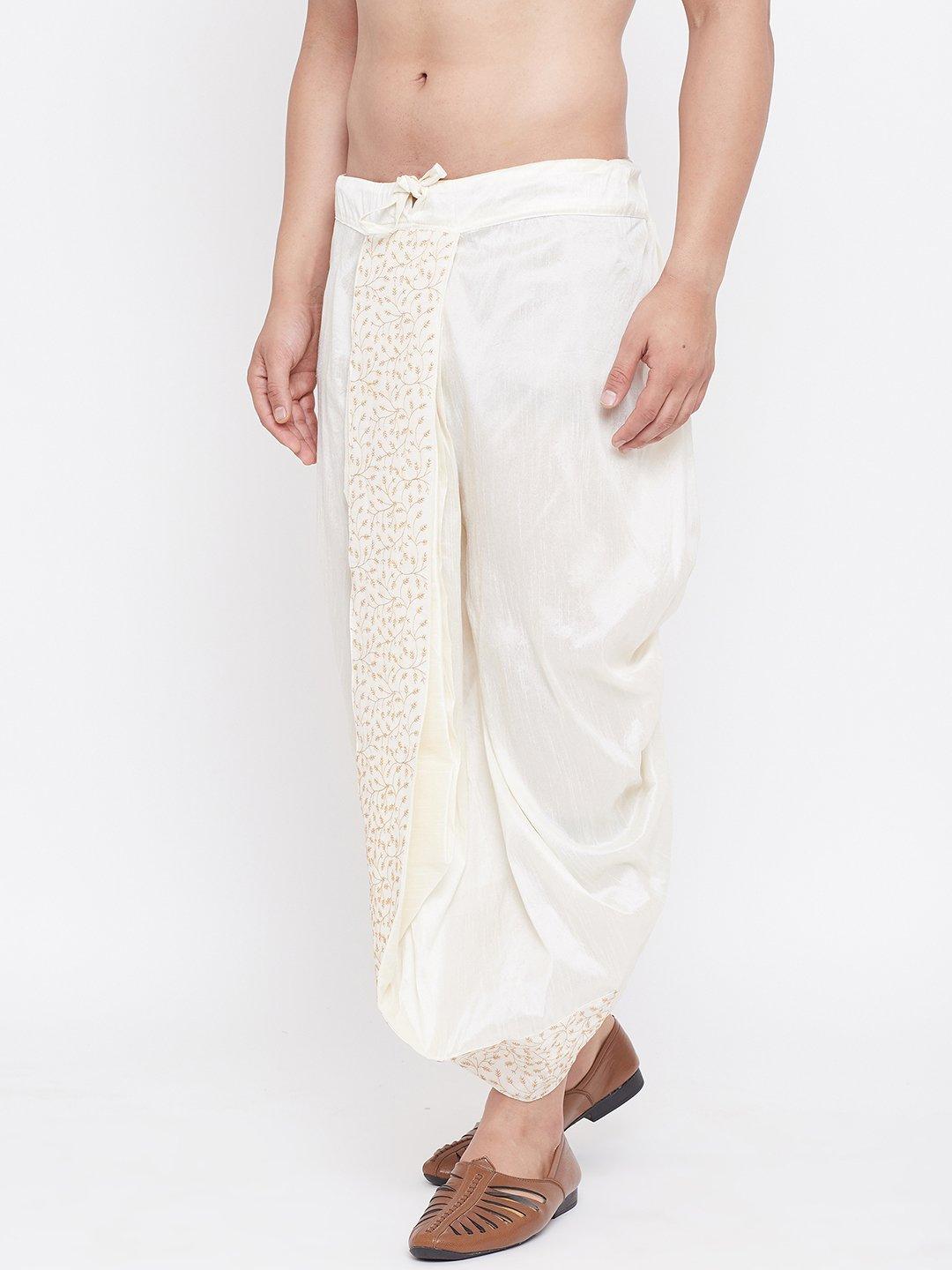 Men's Cream Silk Blend Embroidered Dhoti - Vastramay - Indiakreations