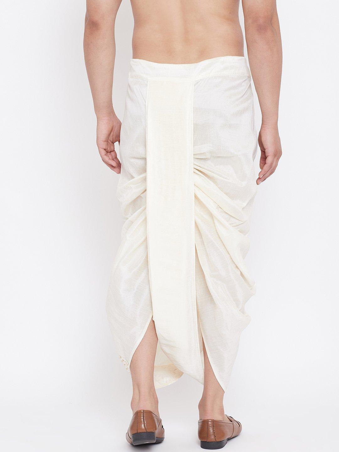 Men's Cream Silk Blend Embroidered Dhoti - Vastramay - Indiakreations