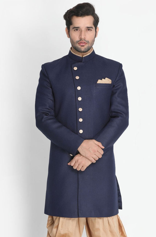 Men's Dark Blue Silk Blend Sherwani Only Top - Vastramay