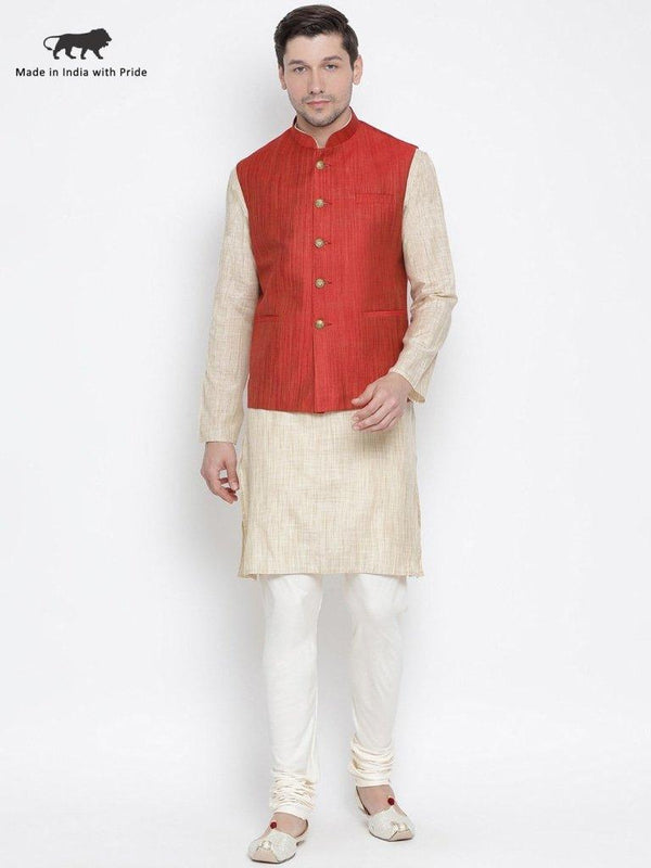 Men's Beige Cotton Blend Kurta, Ethnic Jacket and Pyjama Set - Vastramay - Indiakreations