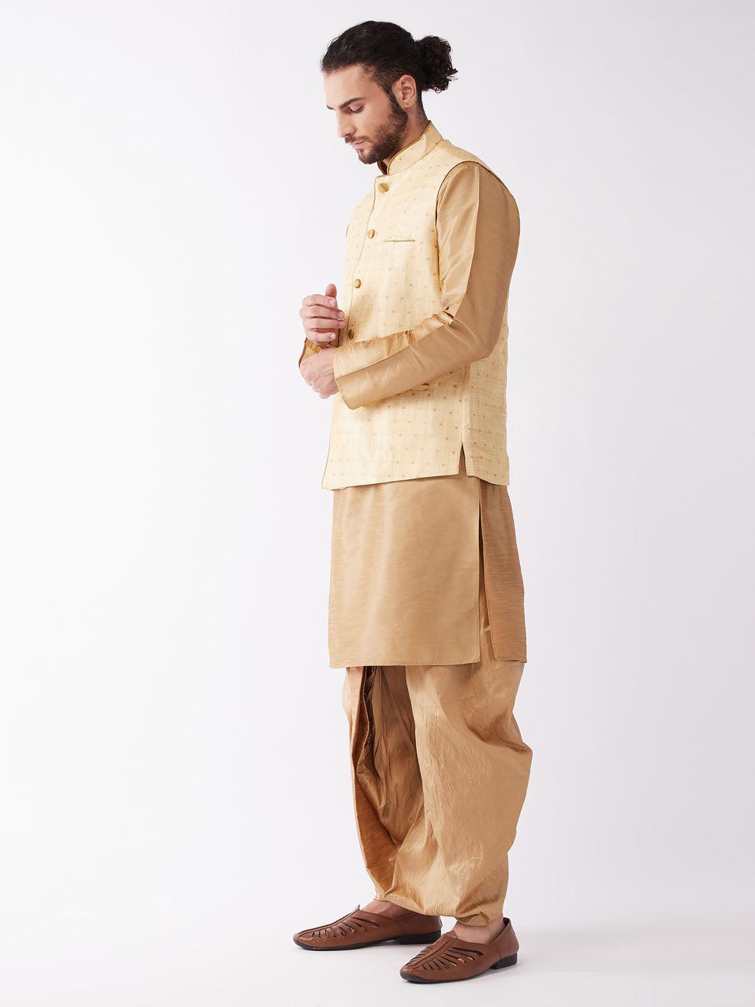 Men's Rose Gold Silk Blend Jacket, Kurta And Dhoti Set - Vastramay - Indiakreations